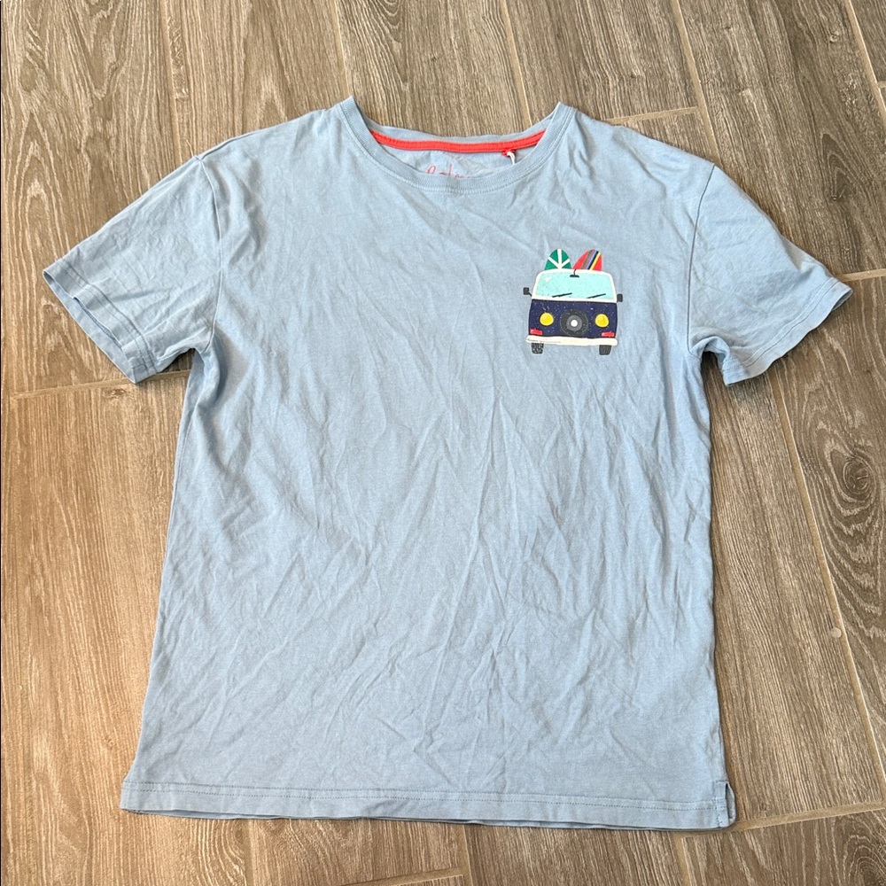 Mini Boden boys Light Blue Surf Van front/back printed Graphic Tee 11 12 EUC